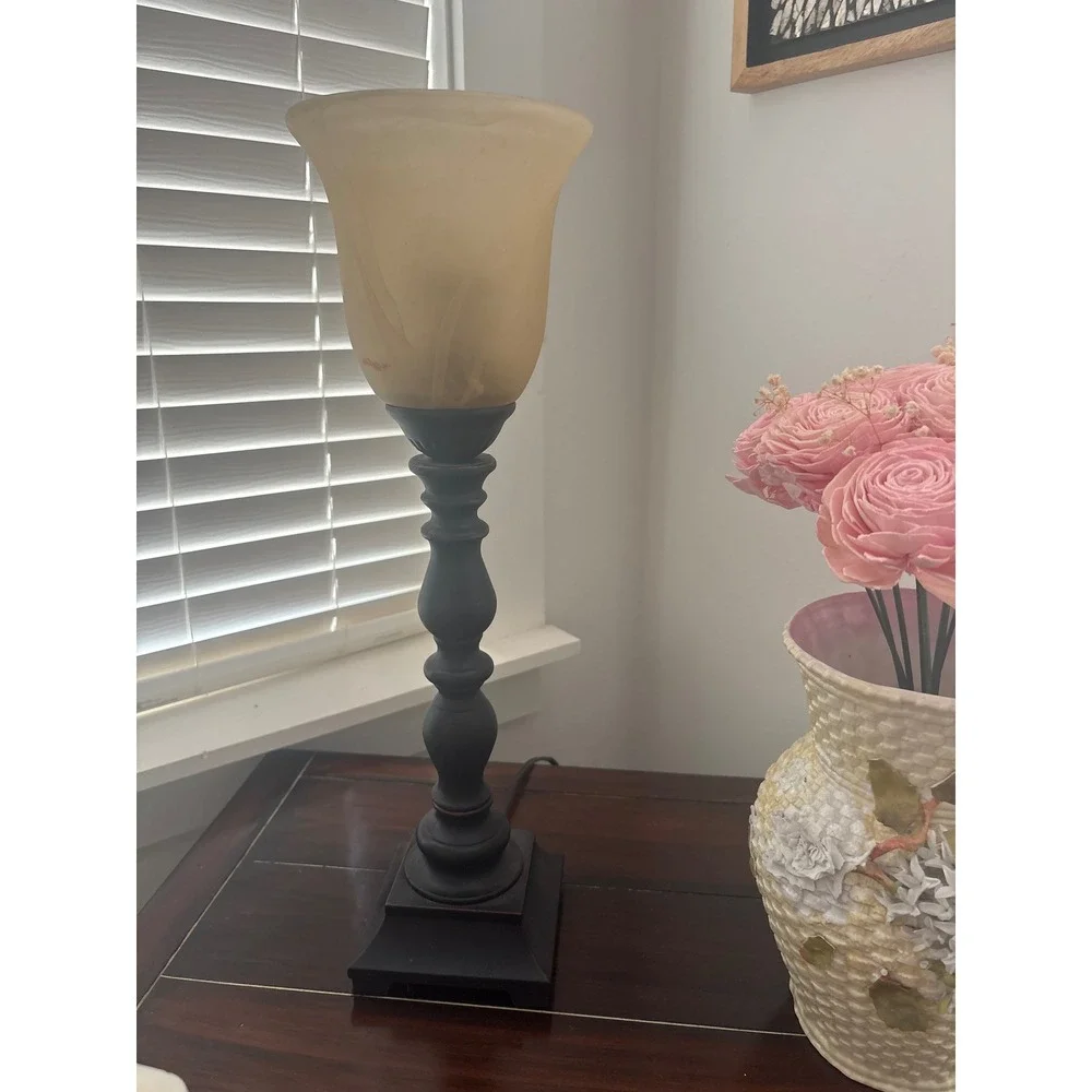 Vintage J. Hunt Bronze Goblet Style Lamp Amber Alabaster Swirl Glass Shade